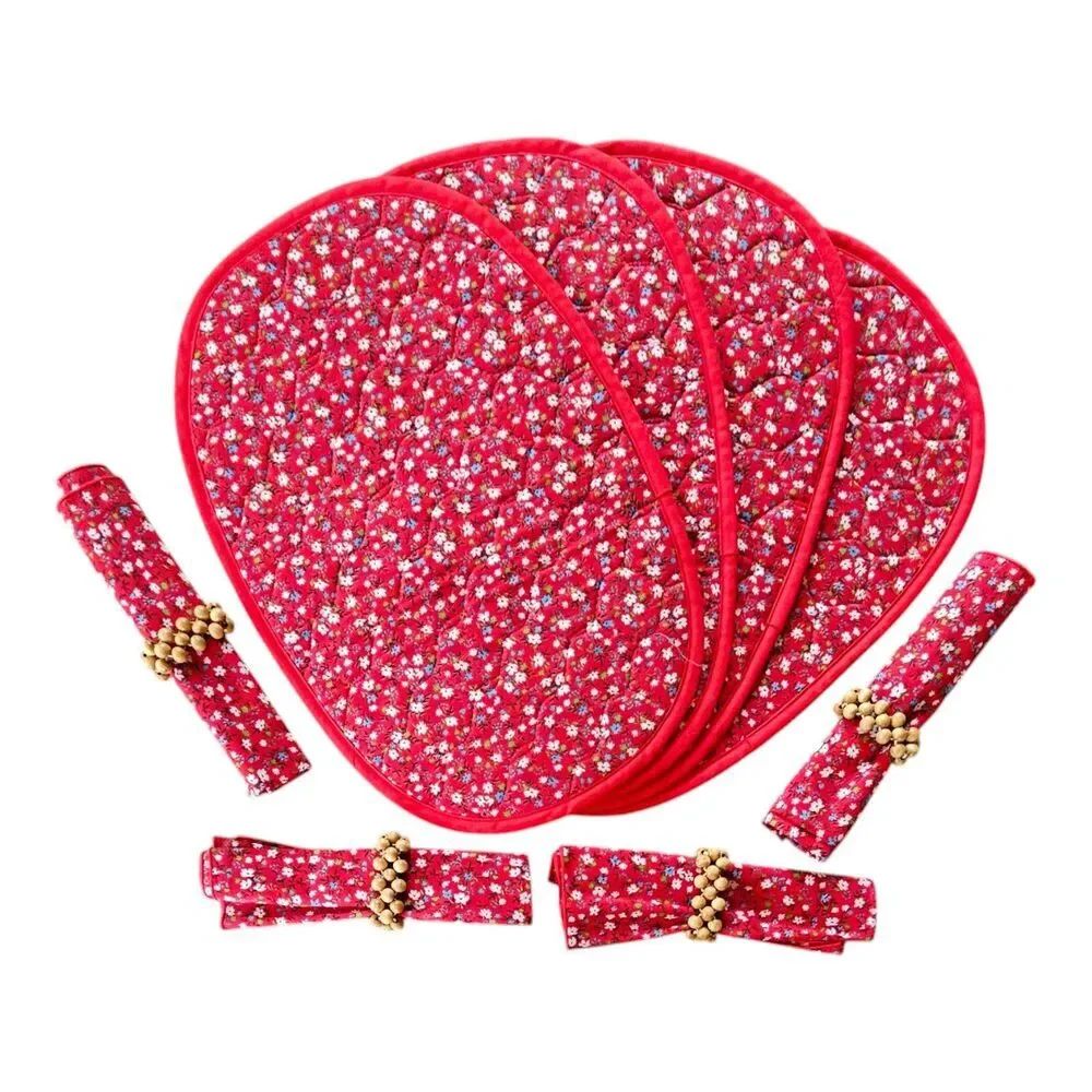 VTG Red Ditsy Floral Quilted Placemat Napkin And Wooden Beaded Ring Set Of 4